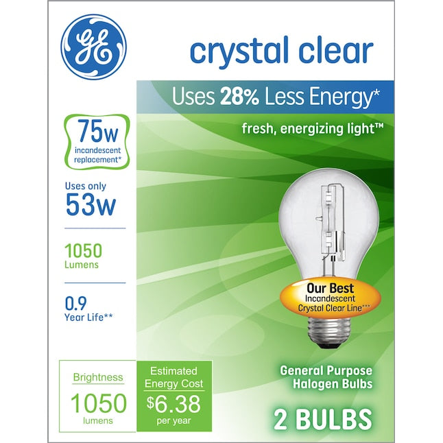 GE Light Bulbs Crystal Clear 75w/53w 2 Pk