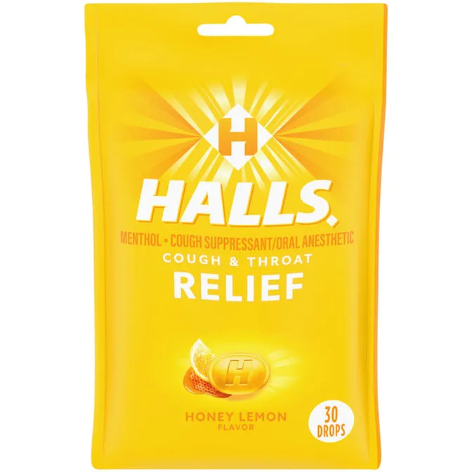 Halls Menthol Cough & Throat Relief Honey Lemon 30 ct